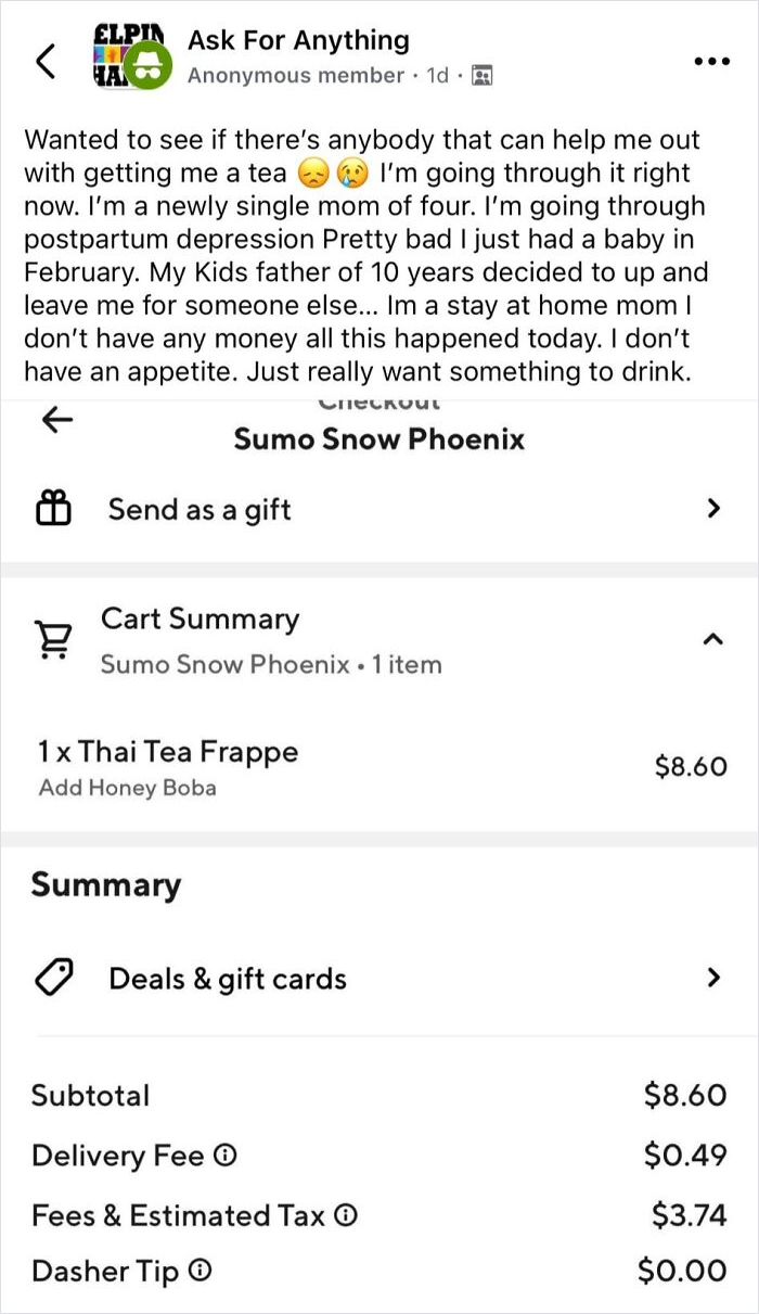 Alt text: Entitled single mom requesting free Thai tea frappe on delivery app, citing postpartum depression and no money to pay.