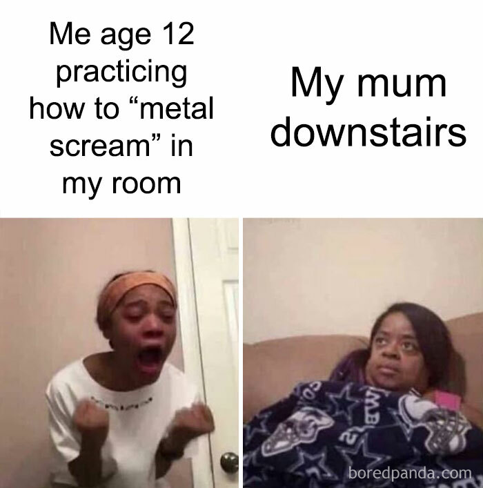 Meme showing generation gap humor with a 12-year-old practicing metal scream and a unimpressed mom downstairs.