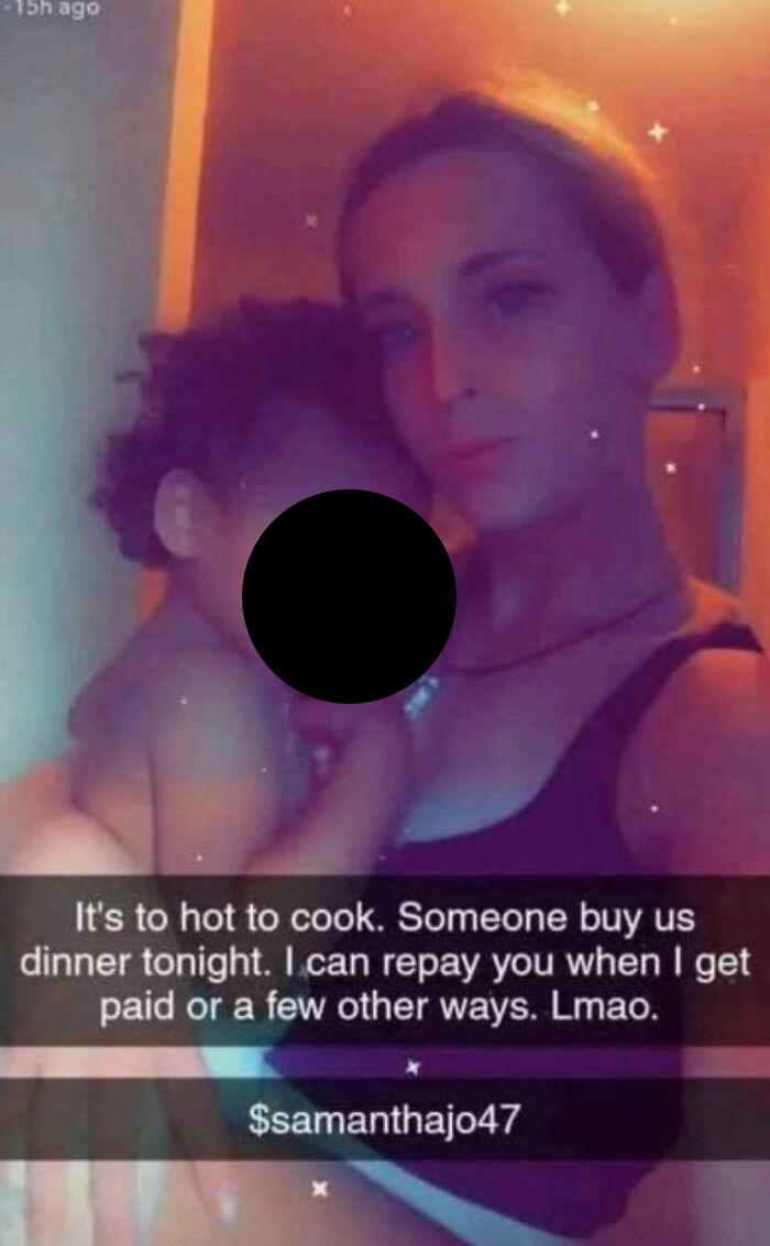 Entitled single mom holding child, asking for dinner help, highlighting entitled single moms who avoid paying.