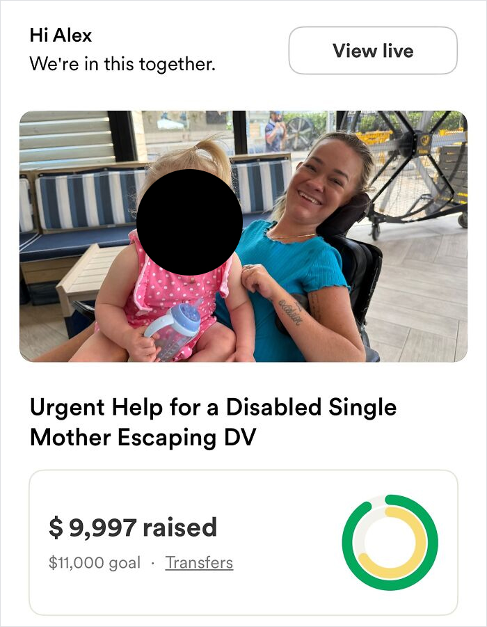Single mom with child in a wheelchair, raising urgent help funds, smiling in an indoor setting with striped seating.