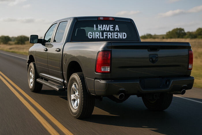 Black pickup truck driving on road with I HAVE A GIRLFRIEND sign on the back window, showing behaviors indicating insecurity.