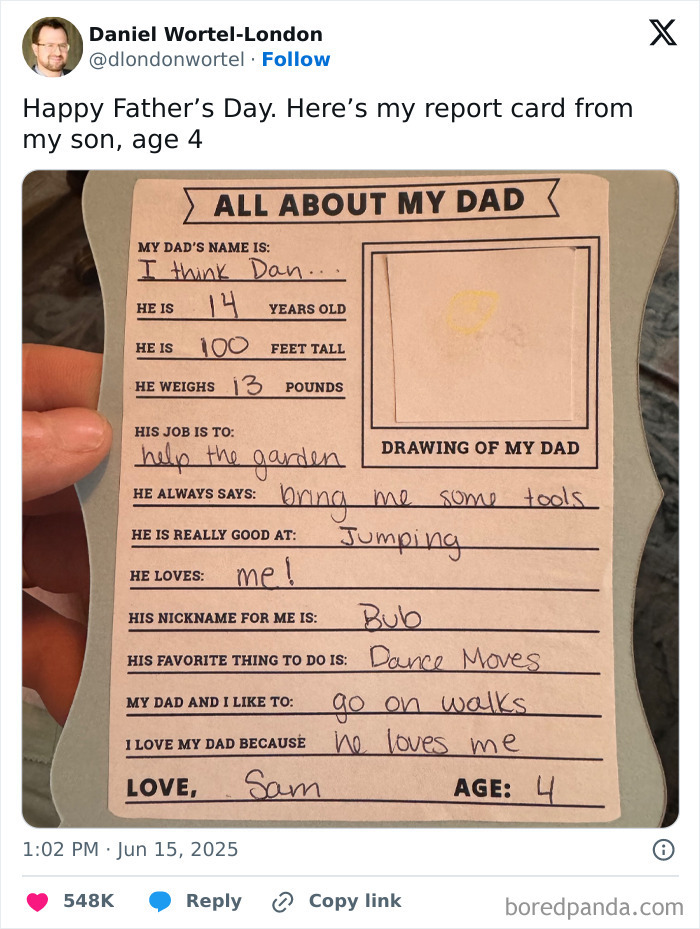 Handwritten Father's Day report card by 4-year-old, showing funny parenting moments and child’s view of dad.