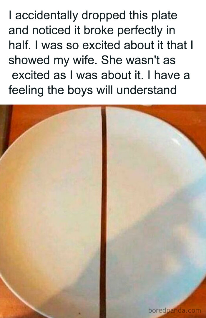 A broken plate split perfectly in half, caption explains excitement and the hope that boys will understand the joke.