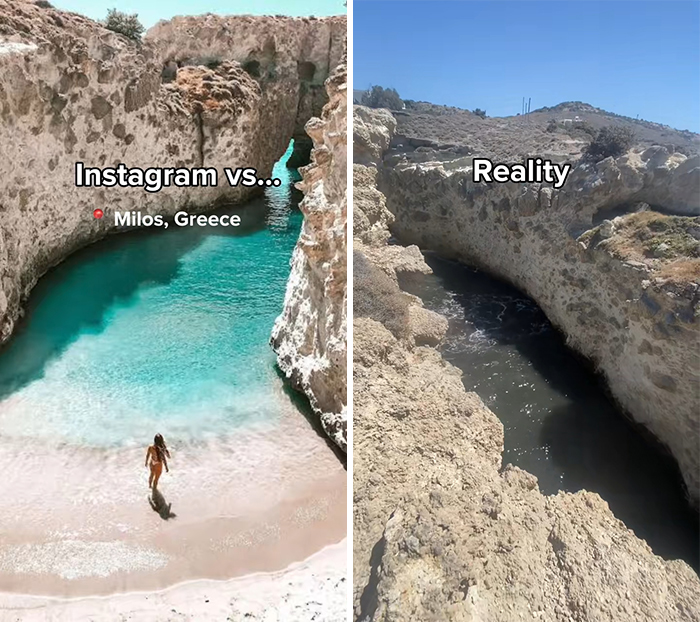 Split image comparing Instagram vs reality travel moments at Milos, Greece, showing contrasting beach and water conditions.