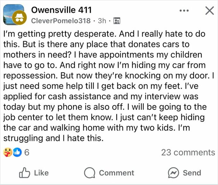Social media post from a single mom asking for help with car repossession amid financial struggles.