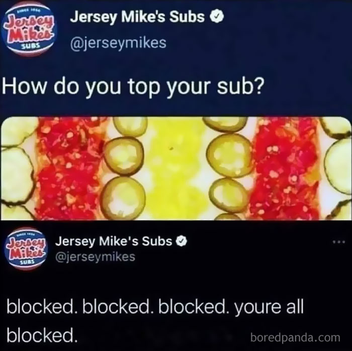 Twitter meme from Jersey Mike's Subs with a joke asking how to top a sub, followed by a humorous reply about blocking users.