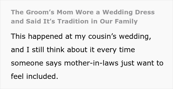Groom&rsquo;s mom wearing a wedding dress at the ceremony, causing tension and ruining the couple&rsquo;s big day tradition.