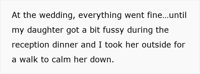 Alt text: Young mom at family wedding taking her fussy kid outside during reception, facing accusations of shaming the bride’s legacy. Alt text: Young mom at family wedding taking her fussy kid outside during reception, facing accusations of shaming the bride’s legacy.
