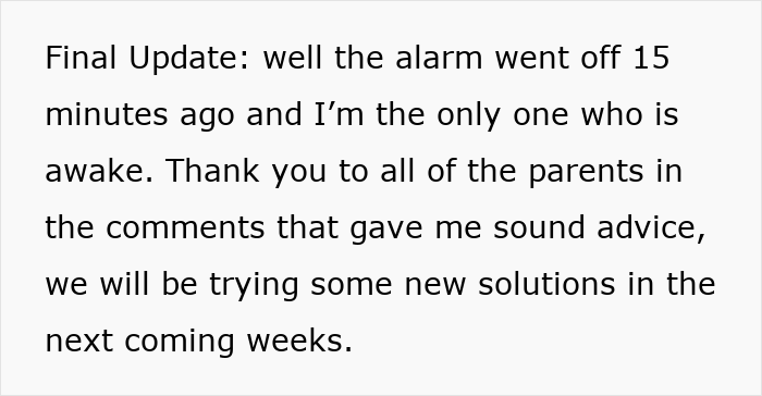 Text post describing being the only awake after alarm, highlighting the wife sacrificing sleep while husband enjoys lazy mornings.