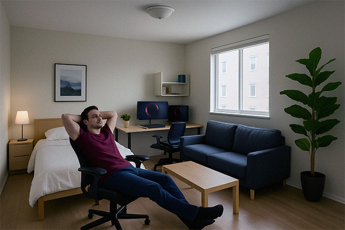 Man relaxing in a chair in a modern bedroom and living room, illustrating not letting buddy crash after roasting place. Man relaxing in a chair in a modern bedroom and living room, illustrating not letting buddy crash after roasting place.