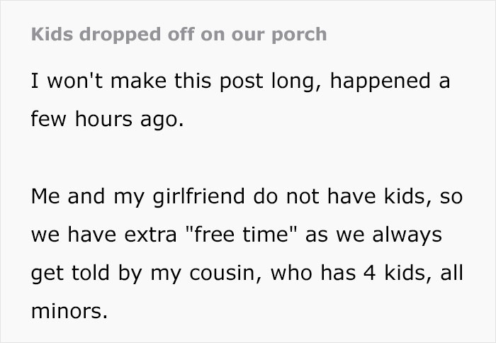 Text post about cousin babysitting four kids, revealing poor parenting and risking custody due to neglectful parenting choices.
