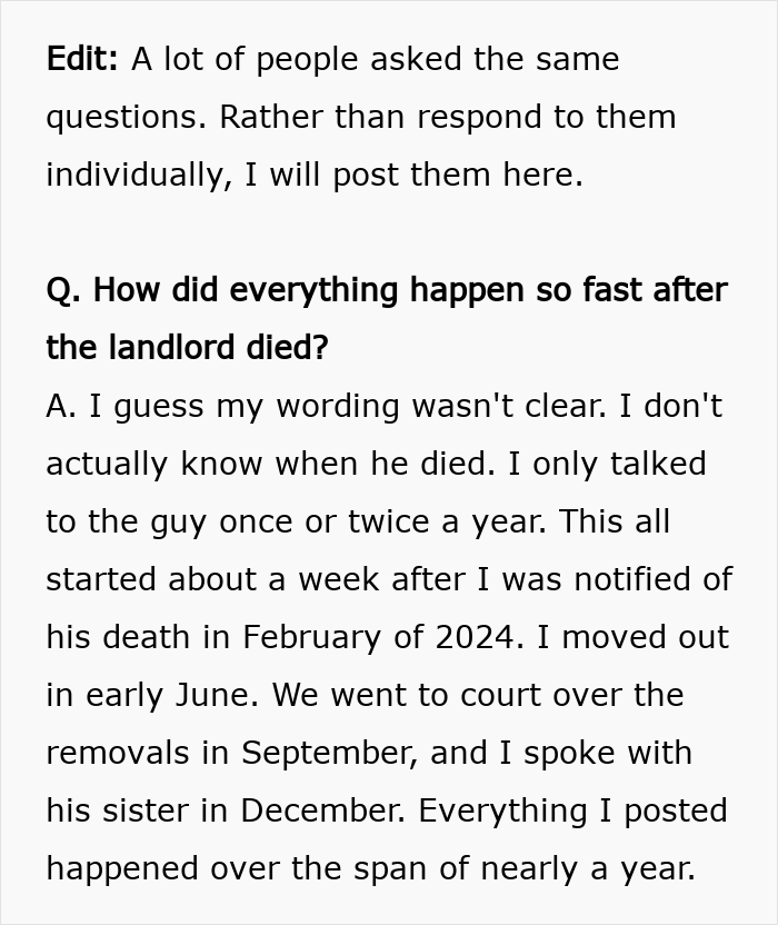 Text excerpt explaining timeline after landlord's death, related to court case and landlord issues.