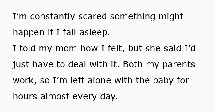 Text expressing a 14-year-old's paranoia and sleep deprivation from daily babysitting after sister leaves infant with her.
