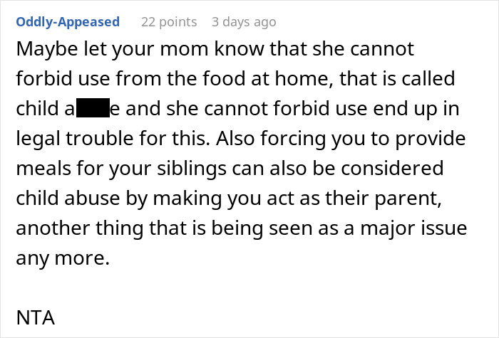 Comment discussing mom guilt-tripping son who makes lunch only for himself, citing legal and child abuse concerns.