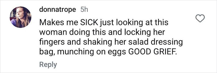 Screenshot of a social media comment criticizing a plane passenger for making a salad mid-flight and shaking salad dressing. Screenshot of a social media comment criticizing a plane passenger for making a salad mid-flight and shaking salad dressing.