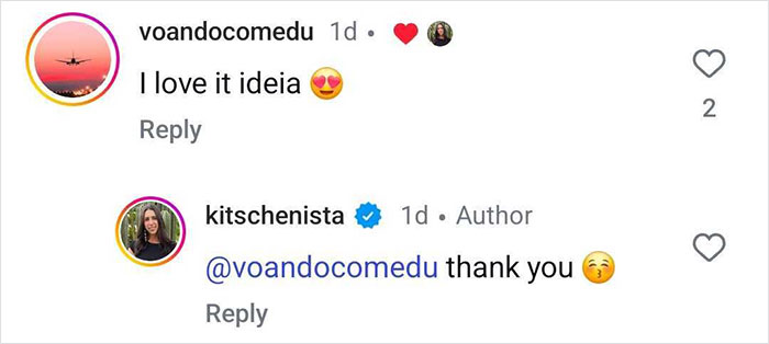 Instagram comments showing a user praising and the author kitschenista thanking them with emojis in a conversation. Instagram comments showing a user praising and the author kitschenista thanking them with emojis in a conversation.
