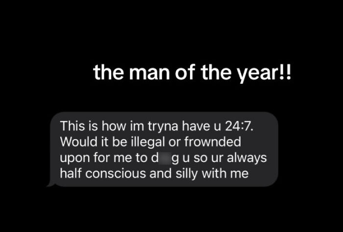 Screenshot of a message nominating a man of the year with a humorous and unhinged text conversation.