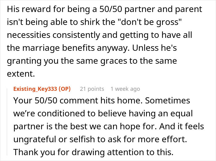 Screenshot of a Reddit conversation about marriage challenges and feeling grossed out by a husband in a partnership. Screenshot of a Reddit conversation about marriage challenges and feeling grossed out by a husband in a partnership.