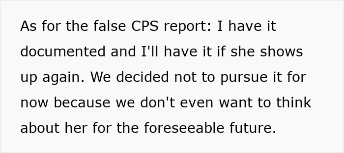 Text excerpt discussing a documented false CPS report related to a child's tattoo and family dispute.