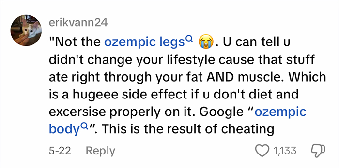 Screenshot of a social media comment discussing Ozempic side effects on legs and body during weight loss. Screenshot of a social media comment discussing Ozempic side effects on legs and body during weight loss.