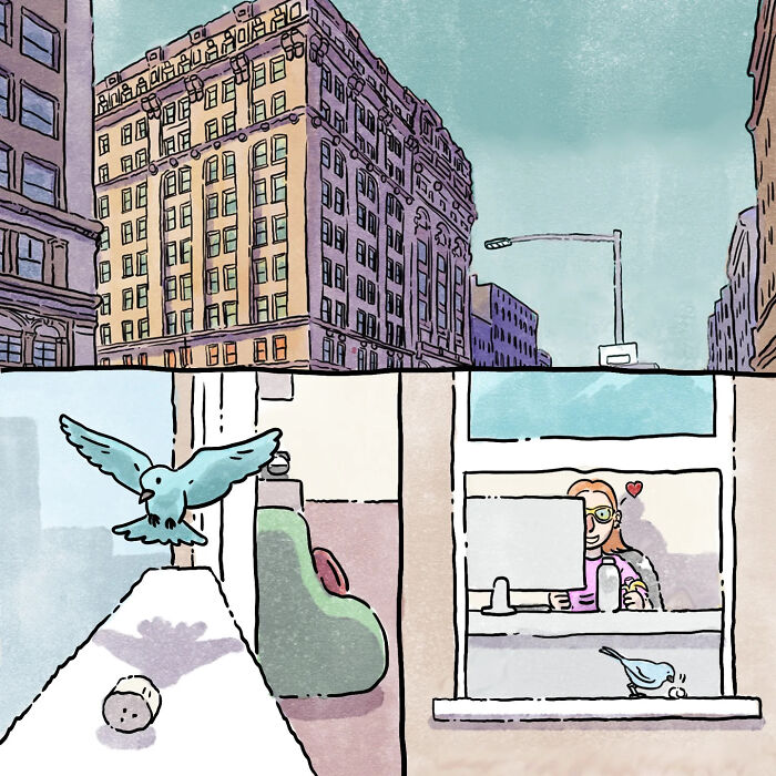 Urban scene with a heartfelt wordless comic showing life with a dog and a cat from an artist&rsquo;s perspective.