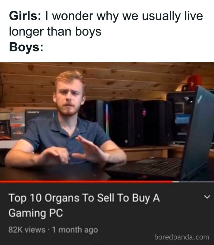 Young man humorously discussing dumb things men do, related to gaming PC purchases and why women live longer.