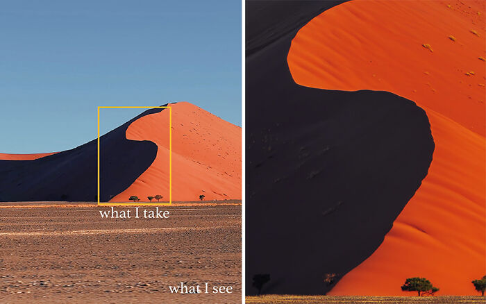 Split image showing a desert dune with shadow, illustrating what the photographer sees versus the perfect shot captured.