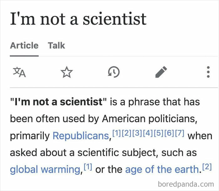 Wikipedia snippet showing the phrase "I'm not a scientist" used by politicians about scientific topics like global warming.