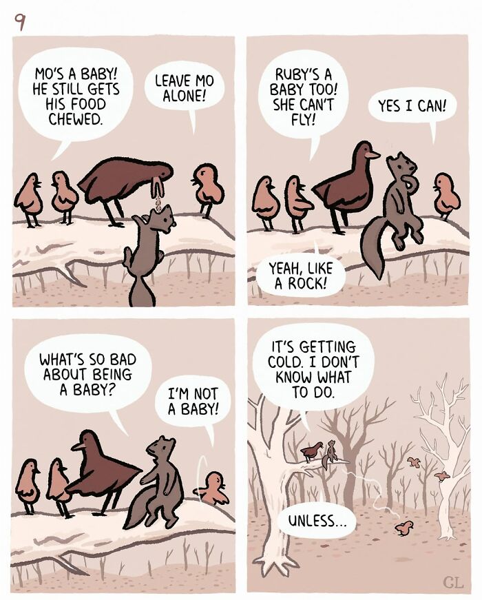 Comic panels from Ruby and Mo showing birds and a cat discussing being babies, illustrating themes of love, loss, and healing.