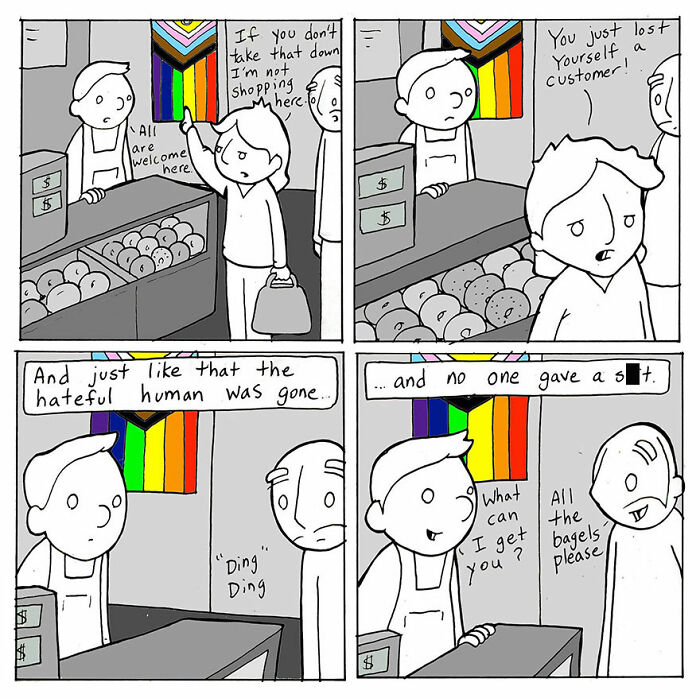 Comic panels showing kindness and acceptance in a bakery, highlighting how kindness can change things through simple actions.