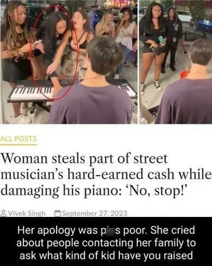 Woman stealing street musician’s cash while damaging his piano, causing distress among bystanders, highlighting traumatic behavior.