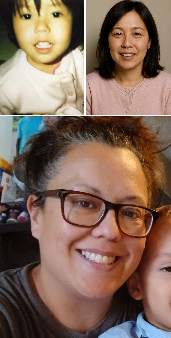 Side-by-side photos showing childhood and adult faces for ChatGPT age up childhood photo comparison.