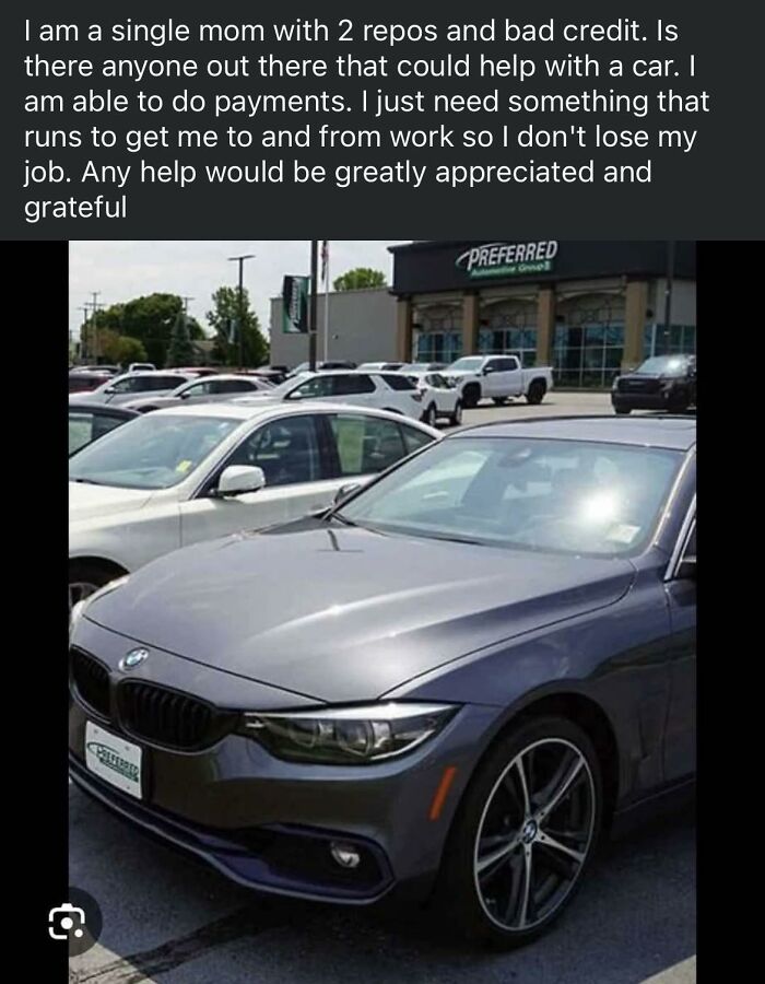 Single mom with bad credit seeking a car to pay for transportation to work, parked gray BMW in a dealership lot.
