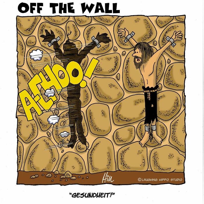 Dungeon fails cartoon showing prisoner sneezing against dungeon wall causing comedic chaos in offbeat comic style.