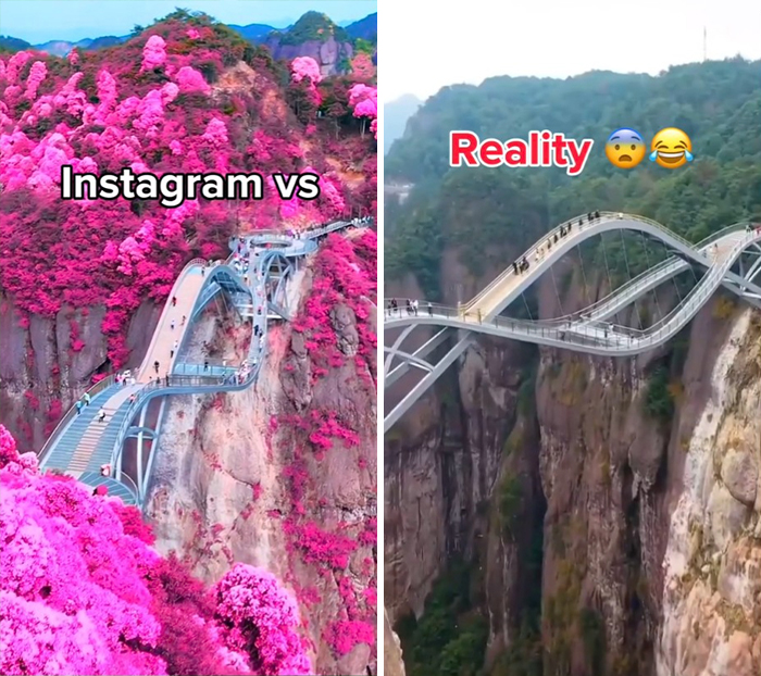 Instagram vs reality travel moment comparison showing a scenic pink floral bridge and the less colorful actual view.