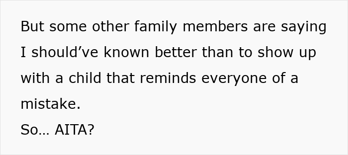 Text excerpt from a family dispute where a young mom faces criticism for bringing her child to a wedding. Text excerpt from a family dispute where a young mom faces criticism for bringing her child to a wedding.