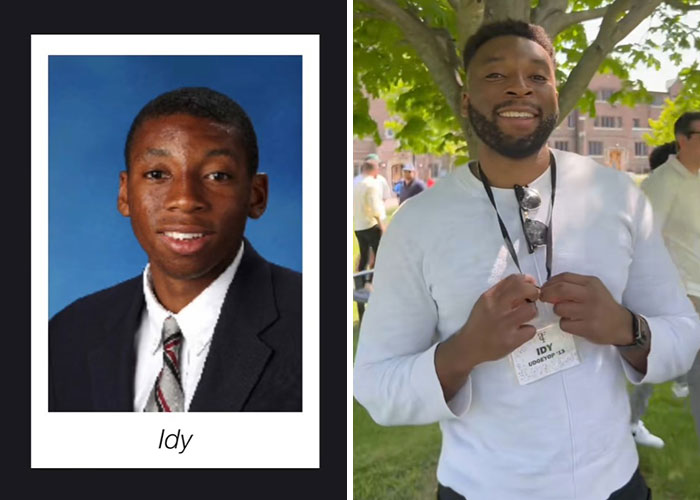 Side-by-side before and after pics showing how a man changed or didn’t change 10 years after graduating.