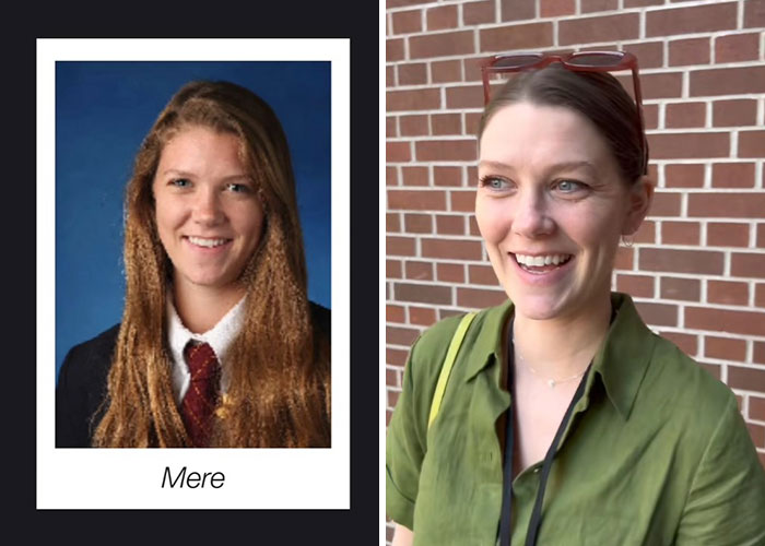 Side-by-side before and after pics showing how a woman changed since graduating 10 years ago with noticeable differences.