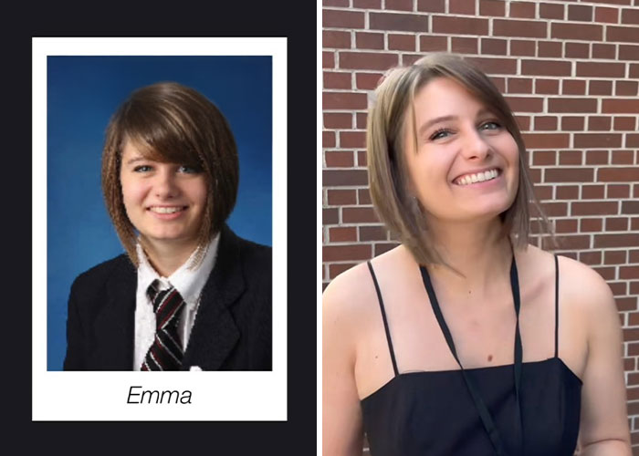 Side-by-side before and after pics showing how a woman changed or didn’t change since graduating 10 years ago.