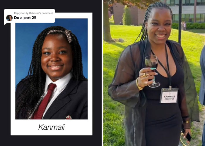 Before and after pics showing how Kanmali changed or stayed the same since graduating 10 years ago.
