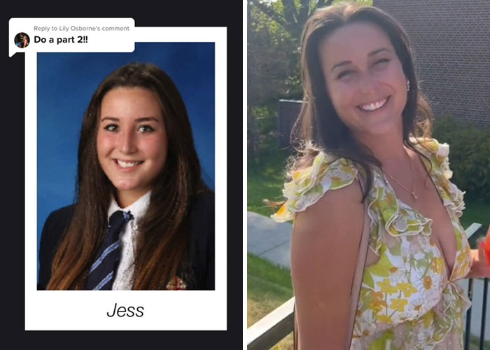 Before and after pics showing how Jess changed over 10 years since graduating, smiling in school photo and casual outdoors.