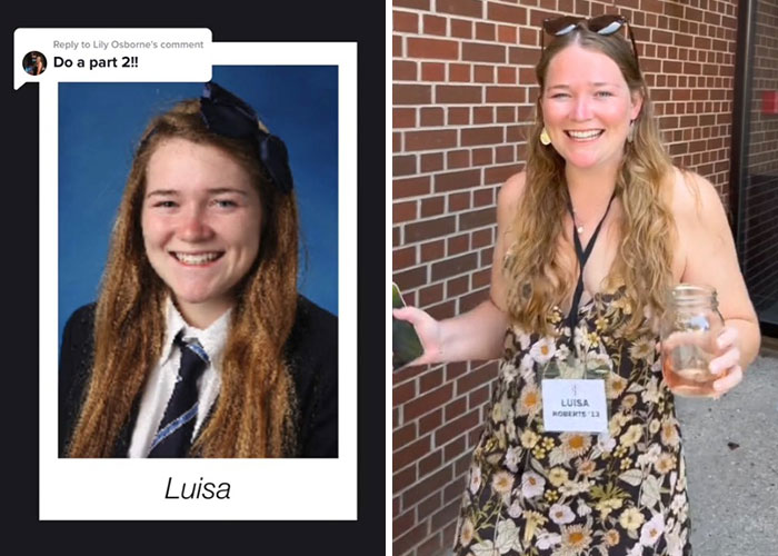 Before and after pics showing how Luisa changed or didn’t change since graduating 10 years ago with long hair and a cheerful smile.