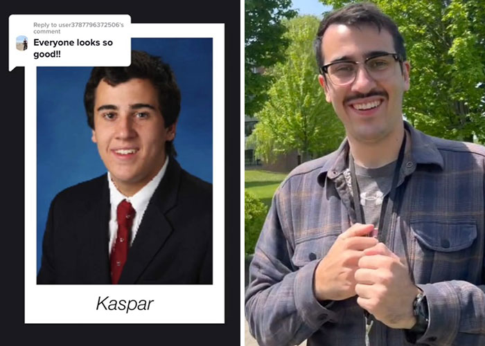 Side-by-side before and after pics showing how Kaspar changed over 10 years since graduating.