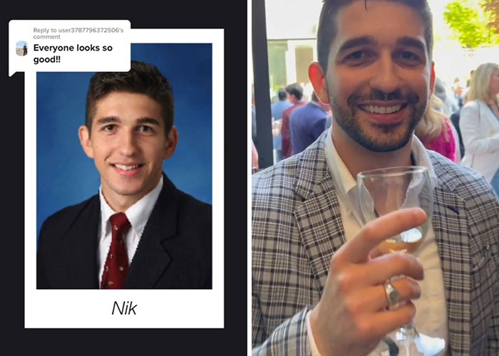 Side-by-side before and after pics showing how a man changed since graduating 10 years ago from formal to casual event.