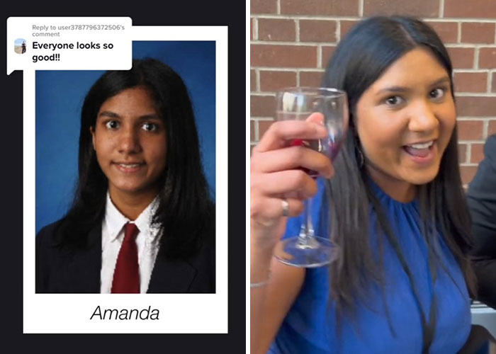 Before and after pics showing how Amanda changed or didn’t change since graduating 10 years ago with a celebratory drink.