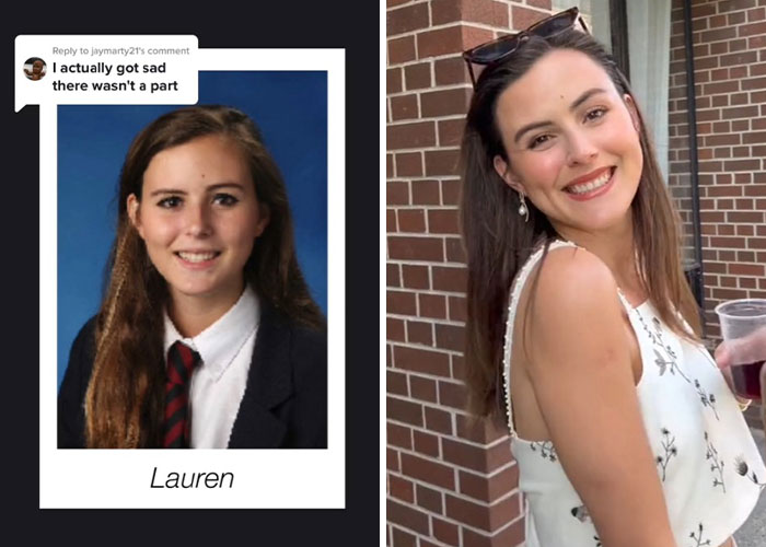 Before and after pics showing how a woman named Lauren changed since graduating 10 years ago with smiling and casual looks.