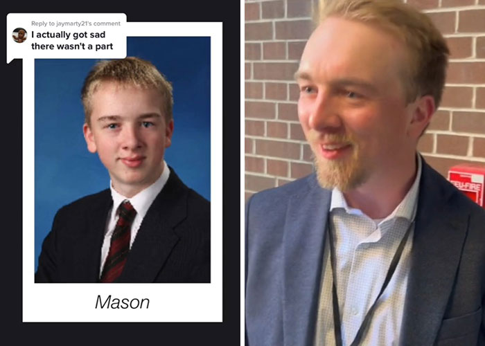 Side-by-side before and after pics showing how Mason changed or didn’t change since graduating 10 years ago