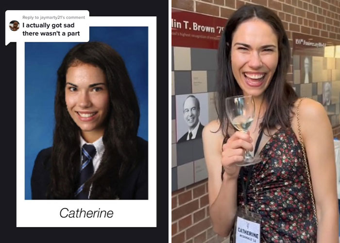 Before and after pics showing how a woman named Catherine changed since graduating 10 years ago.