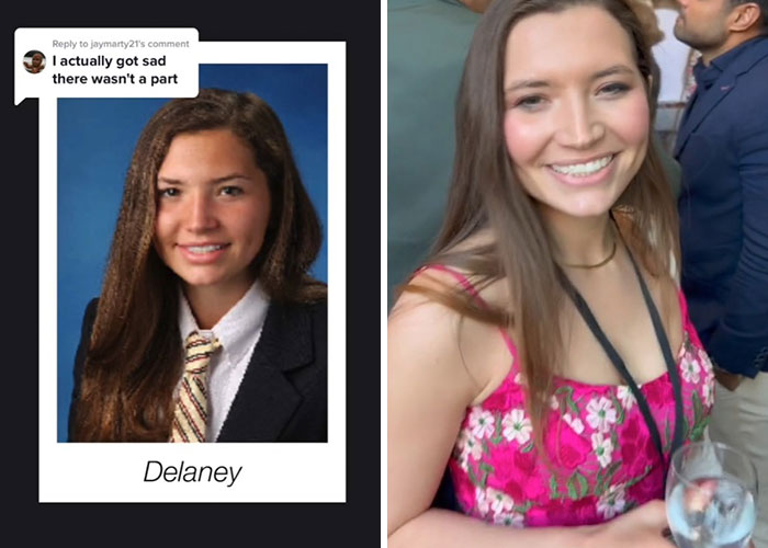Before and after pics showing how Delaney changed or didn’t change since graduating 10 years ago with long hair and a bright smile.