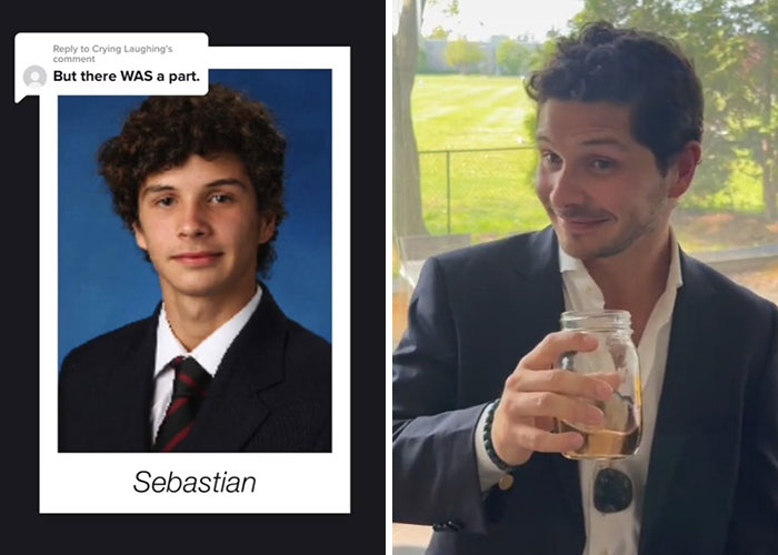Before and after pics showing how Sebastian changed or didn’t change since graduating 10 years ago, dressed formally.